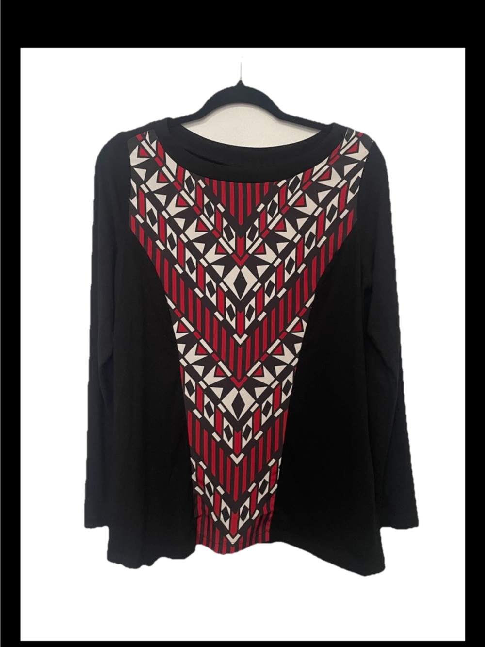 Women’s Bob Mackie Geometric V-Neck Panel Long Sleeve Top - Black & Red